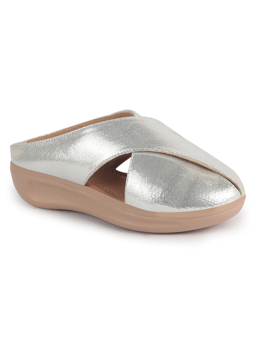 Women Silver Criss Cross Strap Design Perforated Slip On Shoes | Back Open Casual Shoes for Office, Outdoor, Party
