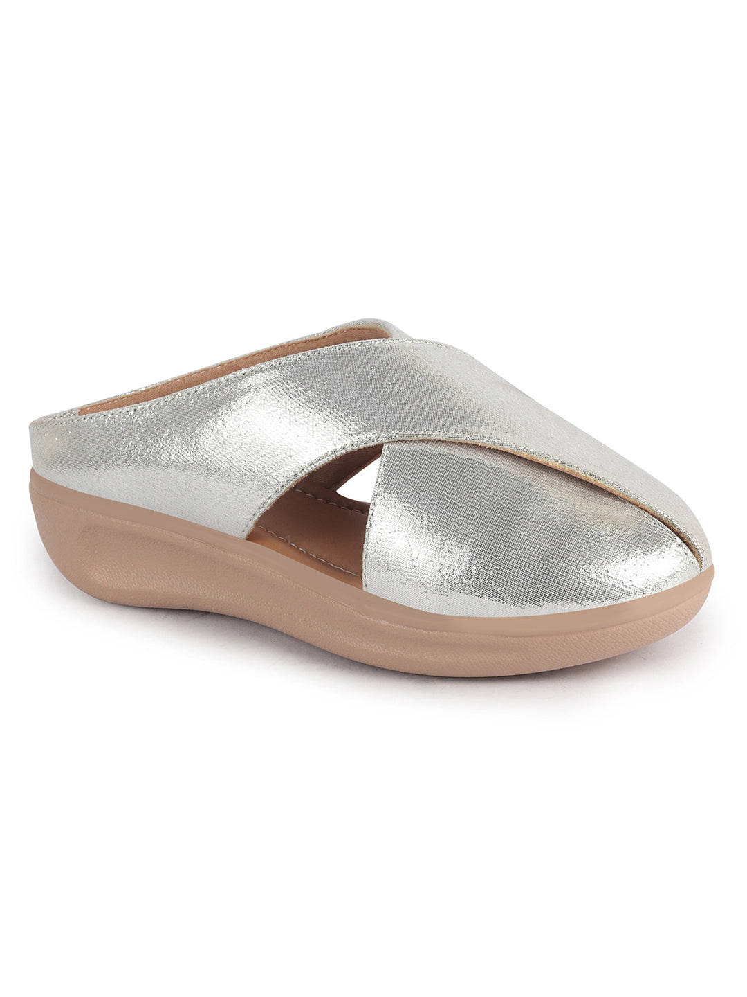 Women Silver Criss Cross Strap Design Perforated Slip On Shoes | Back Open Casual Shoes for Office, Outdoor, Party
