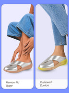 women silver criss cross strap design perforated slip on shoes | back open casual shoes for office, outdoor, party