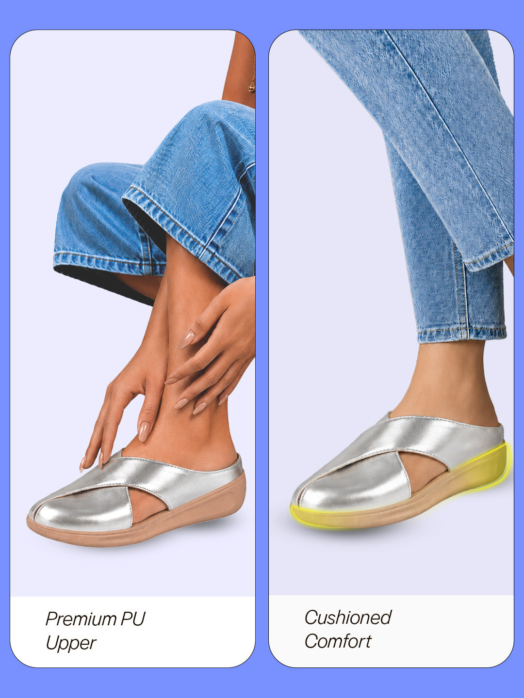 women silver criss cross strap design perforated slip on shoes | back open casual shoes for office, outdoor, party