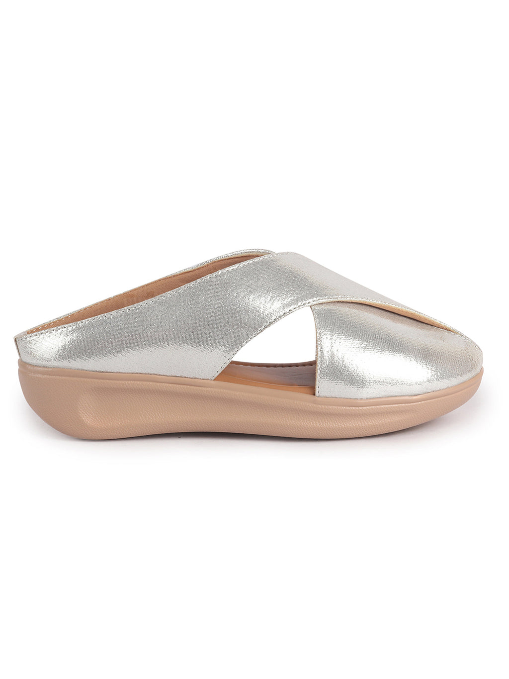 Women Silver Criss Cross Strap Design Perforated Slip On Shoes | Back Open Casual Shoes for Office, Outdoor, Party