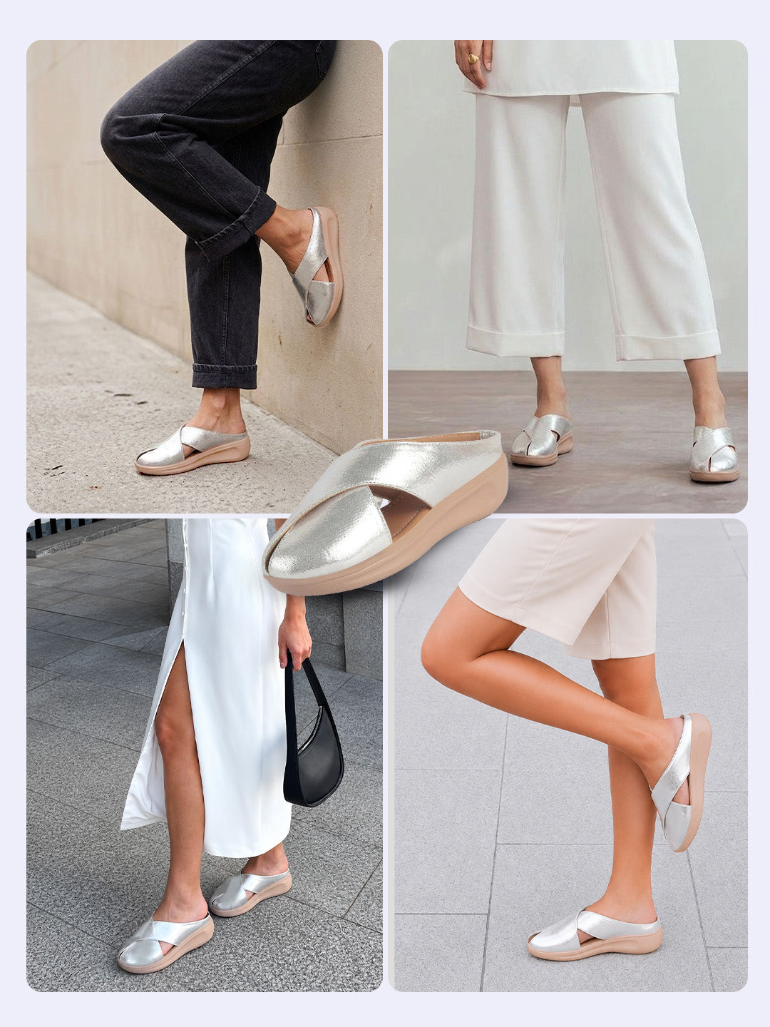 women silver criss cross strap design perforated slip on shoes | back open casual shoes for office, outdoor, party