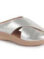 Women Silver Criss Cross Strap Design Perforated Slip On Shoes | Back Open Casual Shoes for Office, Outdoor, Party
