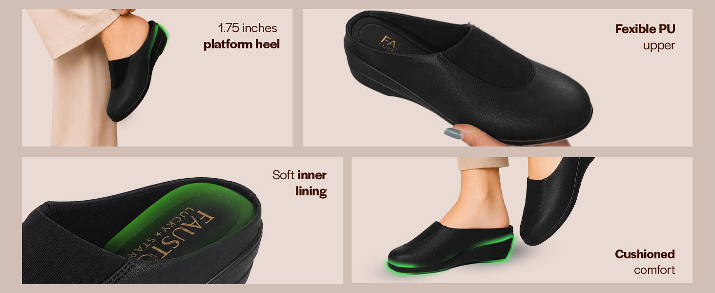 Women Black Formal Back Open Wedge Heel Slip On Shoe|Flexible Stretch Trim Closed-Toe Slides|Lightweight Cushioned Insole Mules for Office, Meetings
