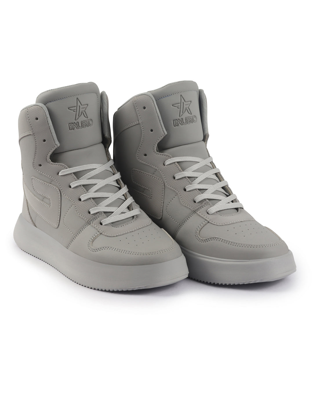 Shop FAUSTO Men Grey High Top Chunky Classic Lace Up Sneakers|High Ankle Sneakers With Memory Cushion|Lightweight All Day Sneakers Online.
