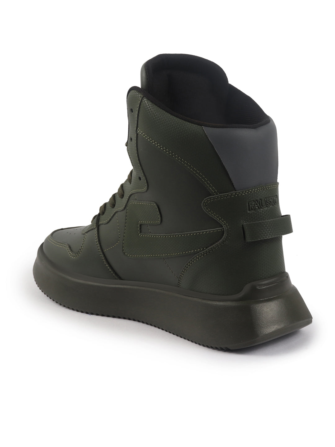 fausto men olive high top chunky classic lace up sneakers|high ankle sneakers with memory cushion|lightweight all day sneakers