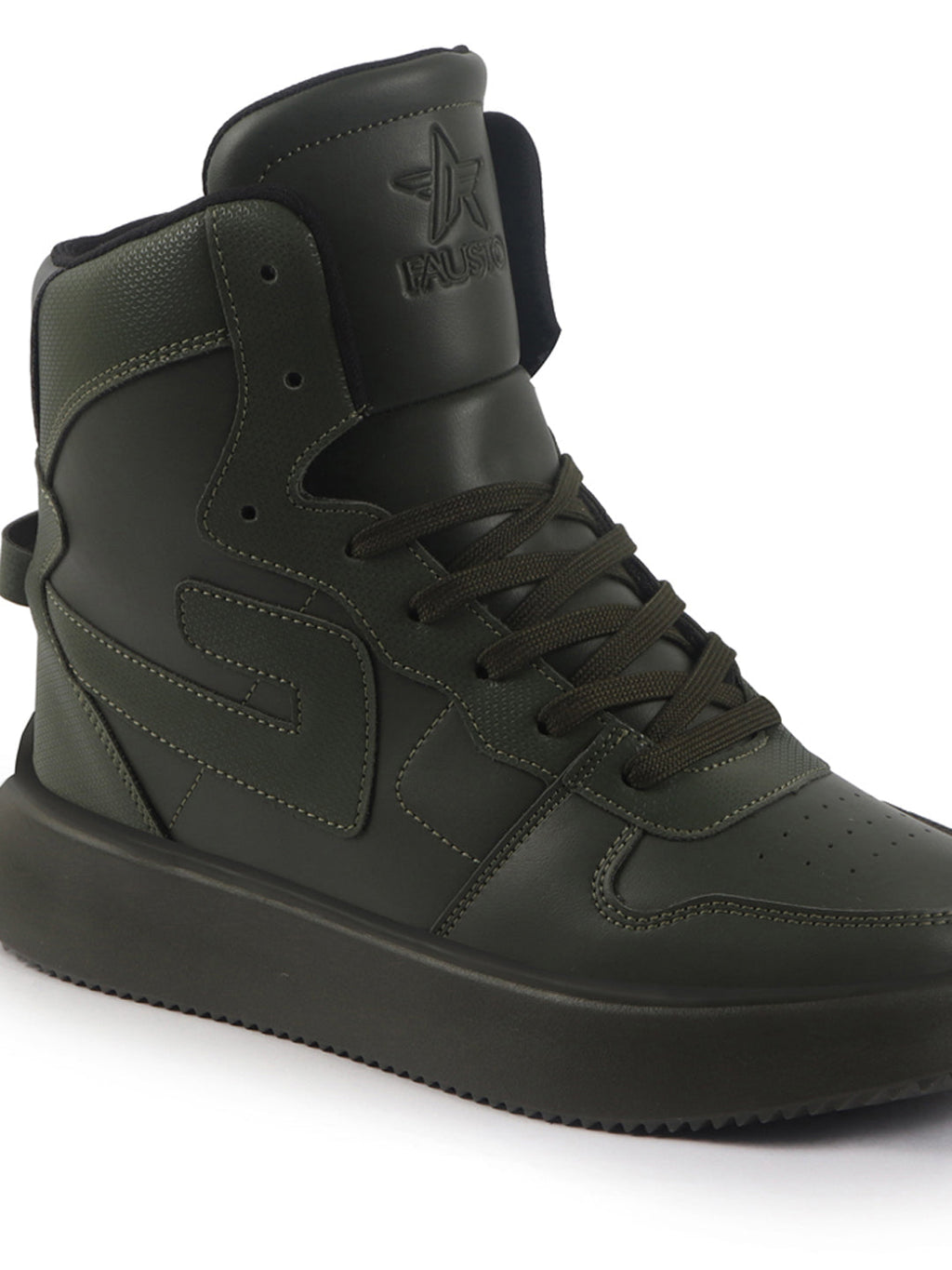 fausto men olive high top chunky classic lace up sneakers|high ankle sneakers with memory cushion|lightweight all day sneakers