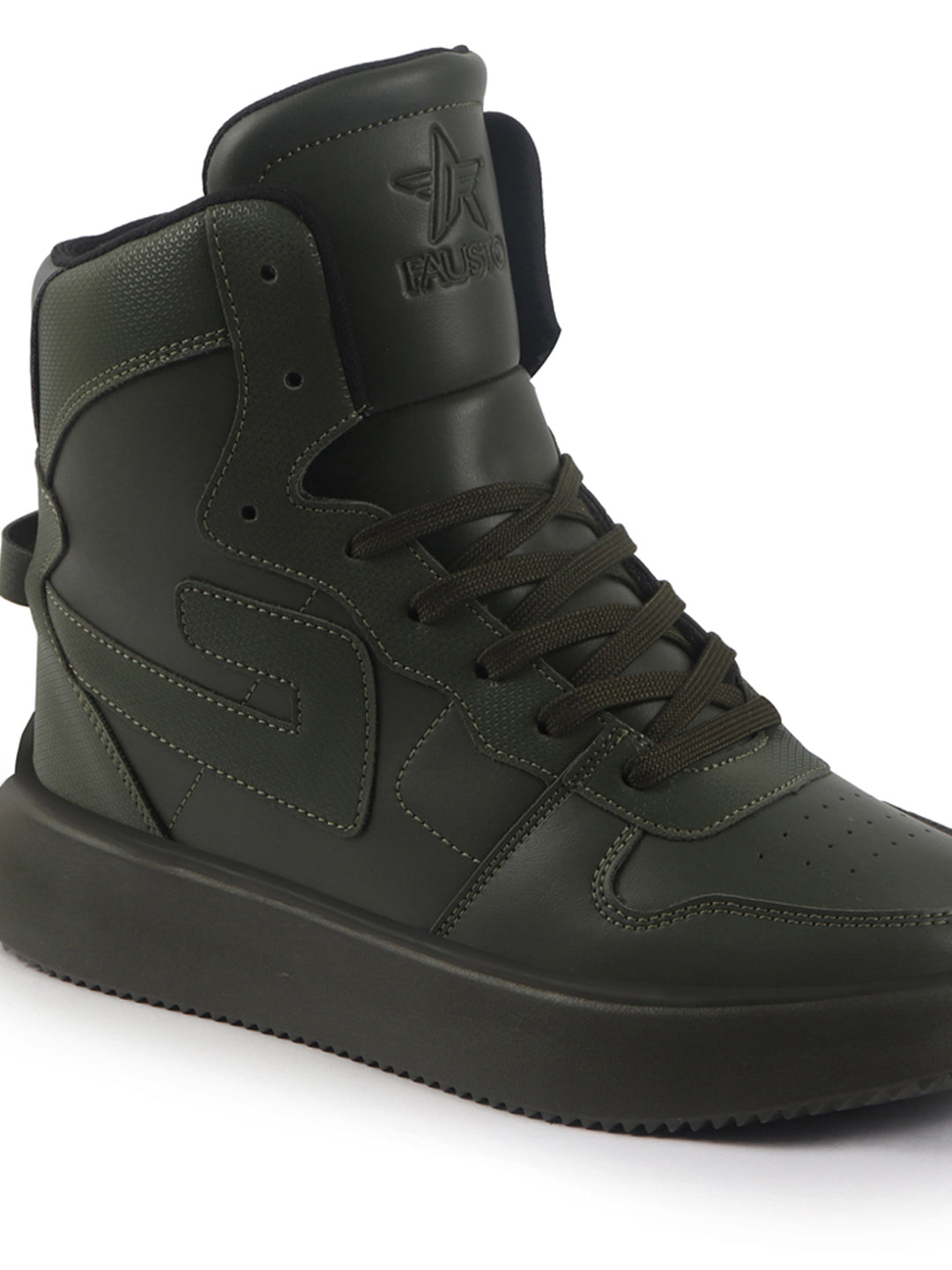 fausto men olive high top chunky classic lace up sneakers|high ankle sneakers with memory cushion|lightweight all day sneakers