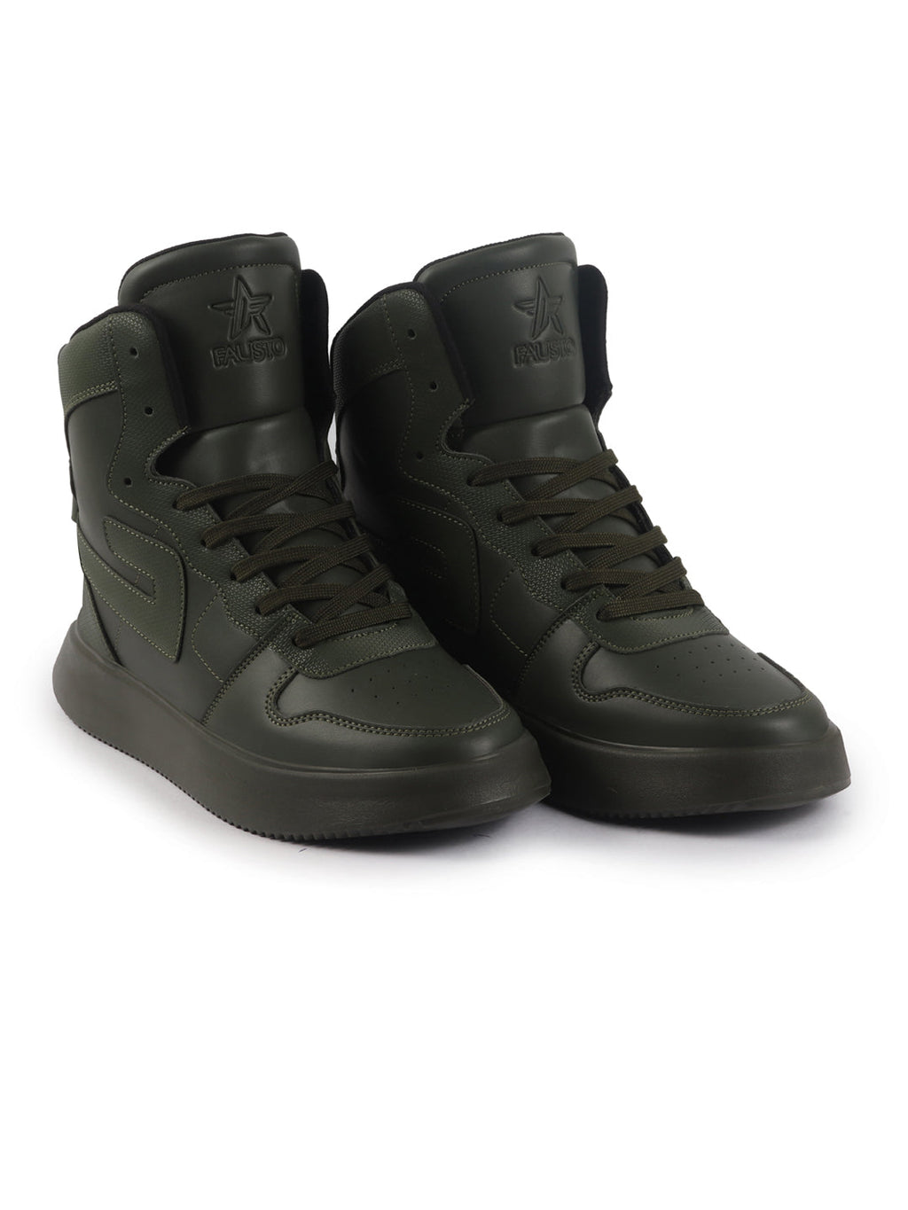 fausto men olive high top chunky classic lace up sneakers|high ankle sneakers with memory cushion|lightweight all day sneakers