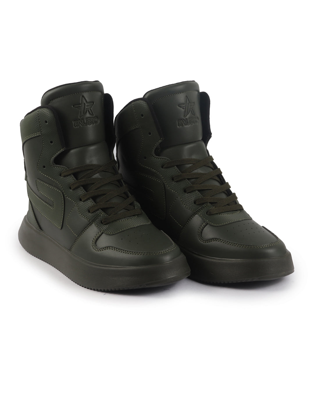 fausto men olive high top chunky classic lace up sneakers|high ankle sneakers with memory cushion|lightweight all day sneakers