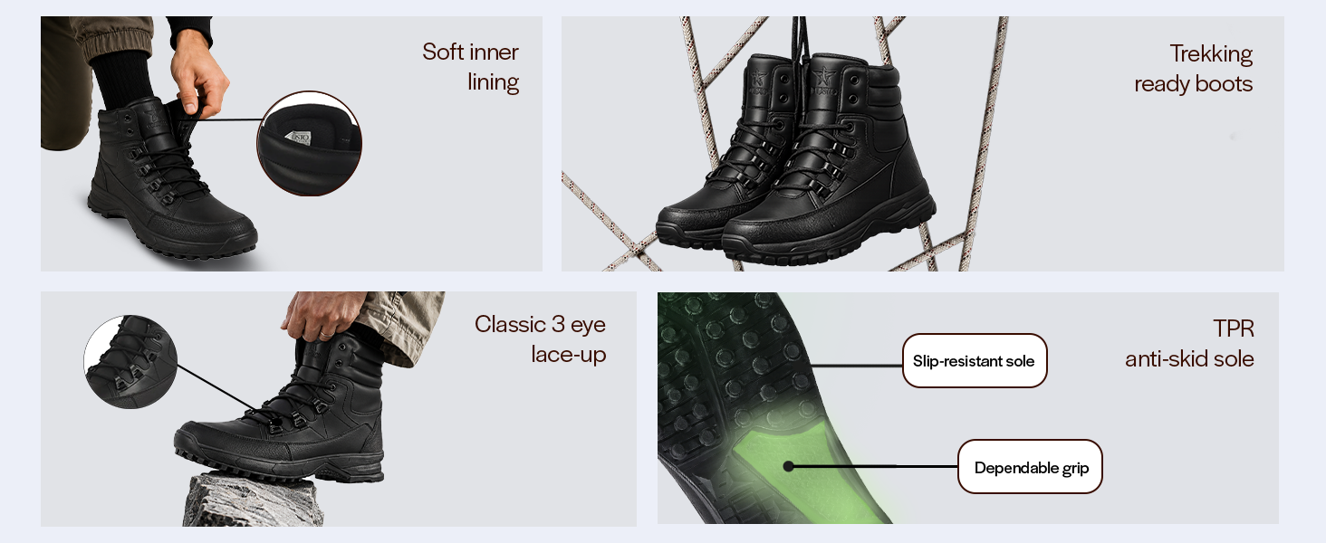Men Black High Top 3-Eye Lace Up High Ankle Winter Biker Boots|Trekking Boots|Hiking Boots|Basketball Shoes|Good Sole Grip Traction