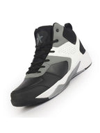 men grey high top colorblocked chunky classic lace up sneakers|breathable basketball shoes with memory cushion|anti skid comfort grip sole