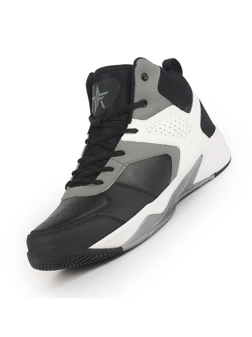 men grey high top colorblocked chunky classic lace up sneakers|breathable basketball shoes with memory cushion|anti skid comfort grip sole