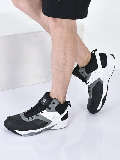 men grey high top colorblocked chunky classic lace up sneakers|breathable basketball shoes with memory cushion|anti skid comfort grip sole