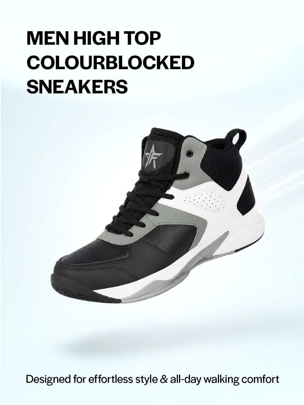 men grey high top colorblocked chunky classic lace up sneakers|breathable basketball shoes with memory cushion|anti skid comfort grip sole
