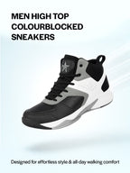 men grey high top colorblocked chunky classic lace up sneakers|breathable basketball shoes with memory cushion|anti skid comfort grip sole