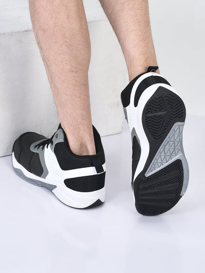 men grey high top colorblocked chunky classic lace up sneakers|breathable basketball shoes with memory cushion|anti skid comfort grip sole