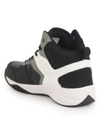 men grey high top colorblocked chunky classic lace up sneakers|breathable basketball shoes with memory cushion|anti skid comfort grip sole