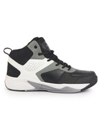 men grey high top colorblocked chunky classic lace up sneakers|breathable basketball shoes with memory cushion|anti skid comfort grip sole
