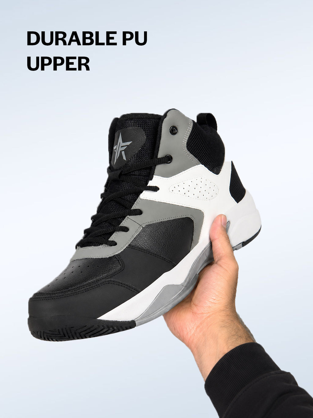 men grey high top colorblocked chunky classic lace up sneakers|breathable basketball shoes with memory cushion|anti skid comfort grip sole