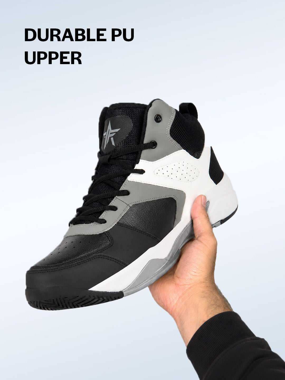 men grey high top colorblocked chunky classic lace up sneakers|breathable basketball shoes with memory cushion|anti skid comfort grip sole