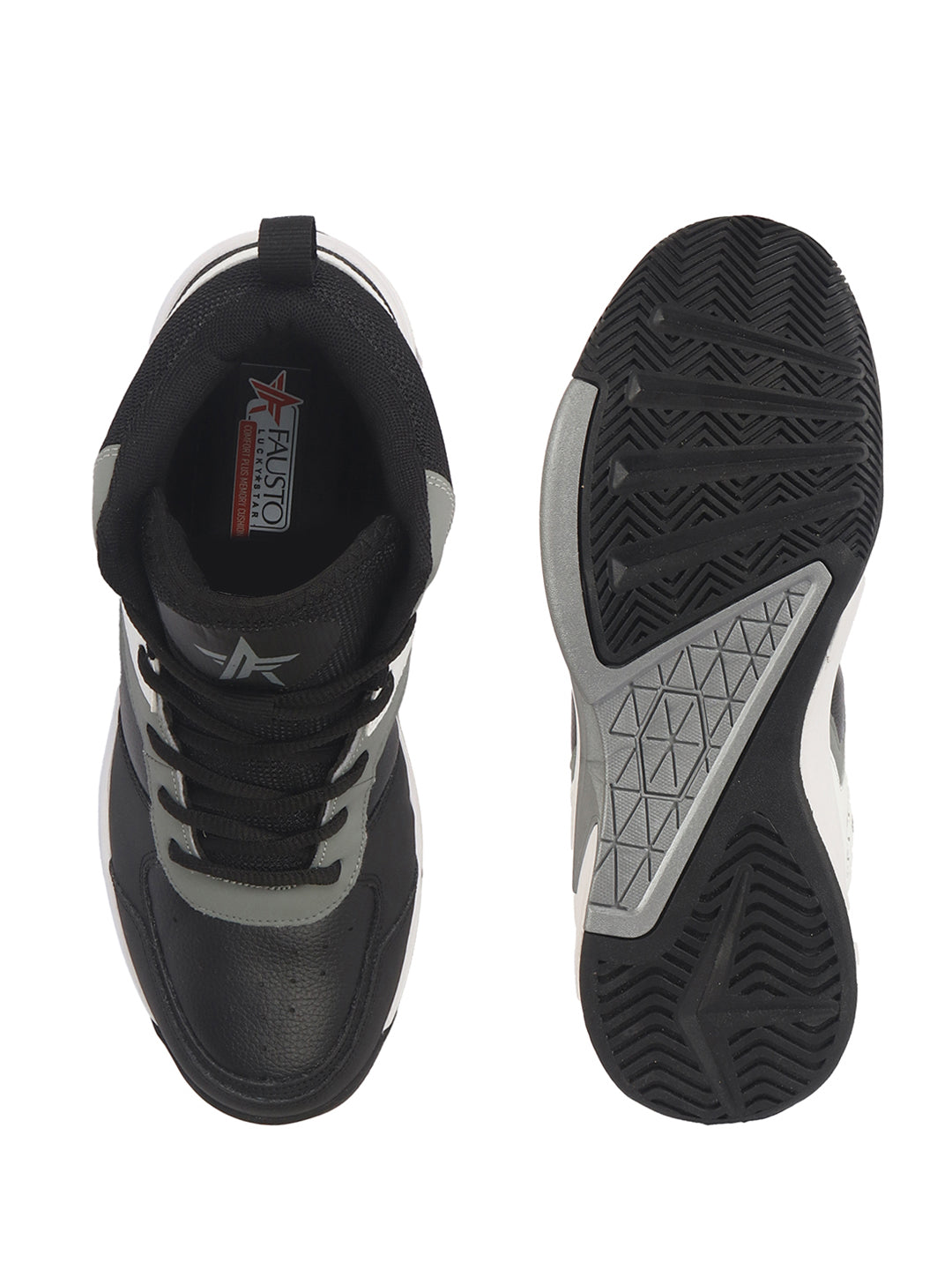 men grey high top colorblocked chunky classic lace up sneakers|breathable basketball shoes with memory cushion|anti skid comfort grip sole