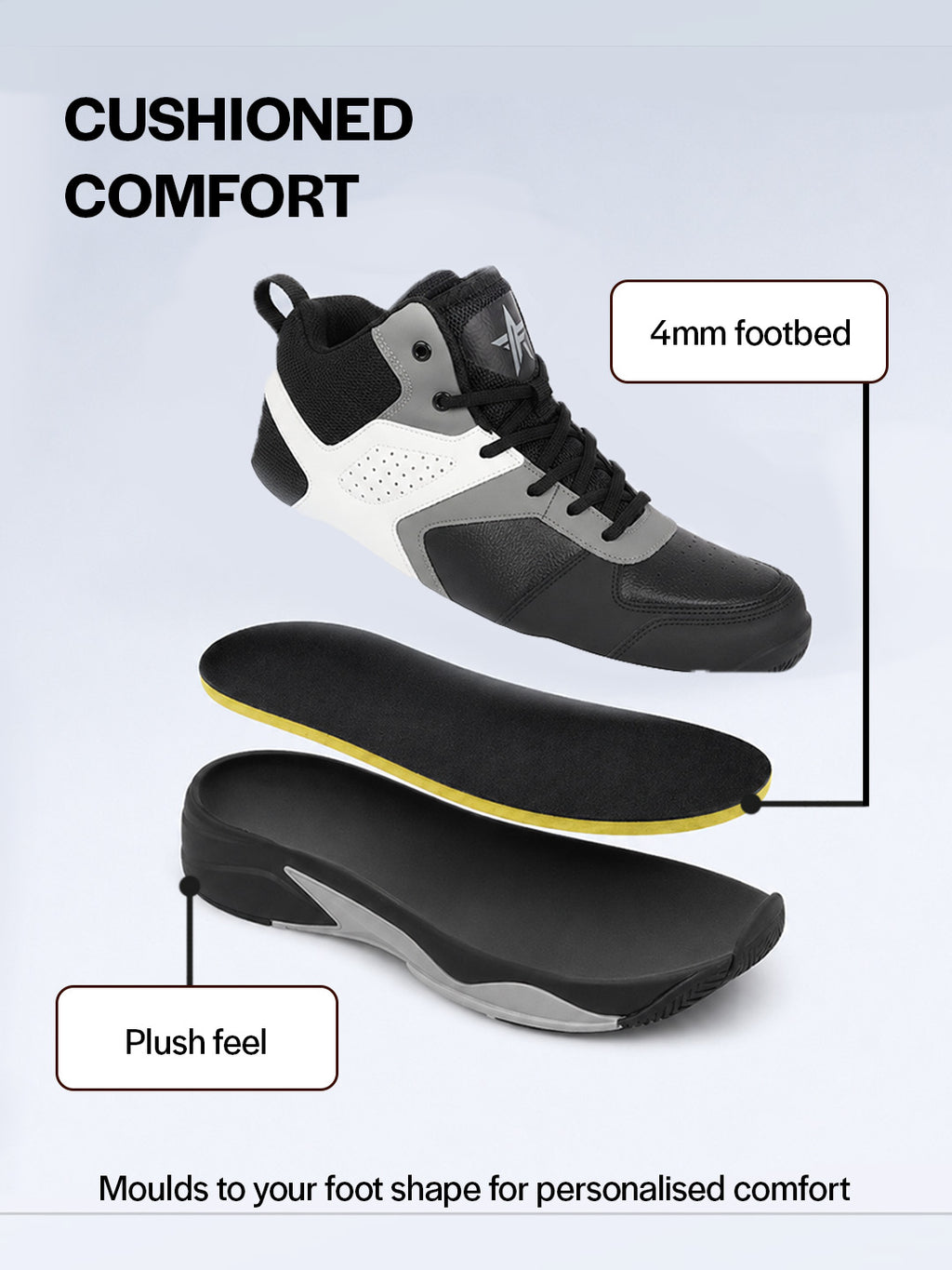 men grey high top colorblocked chunky classic lace up sneakers|breathable basketball shoes with memory cushion|anti skid comfort grip sole
