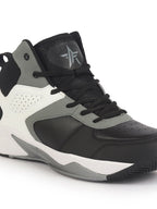 men grey high top colorblocked chunky classic lace up sneakers|breathable basketball shoes with memory cushion|anti skid comfort grip sole