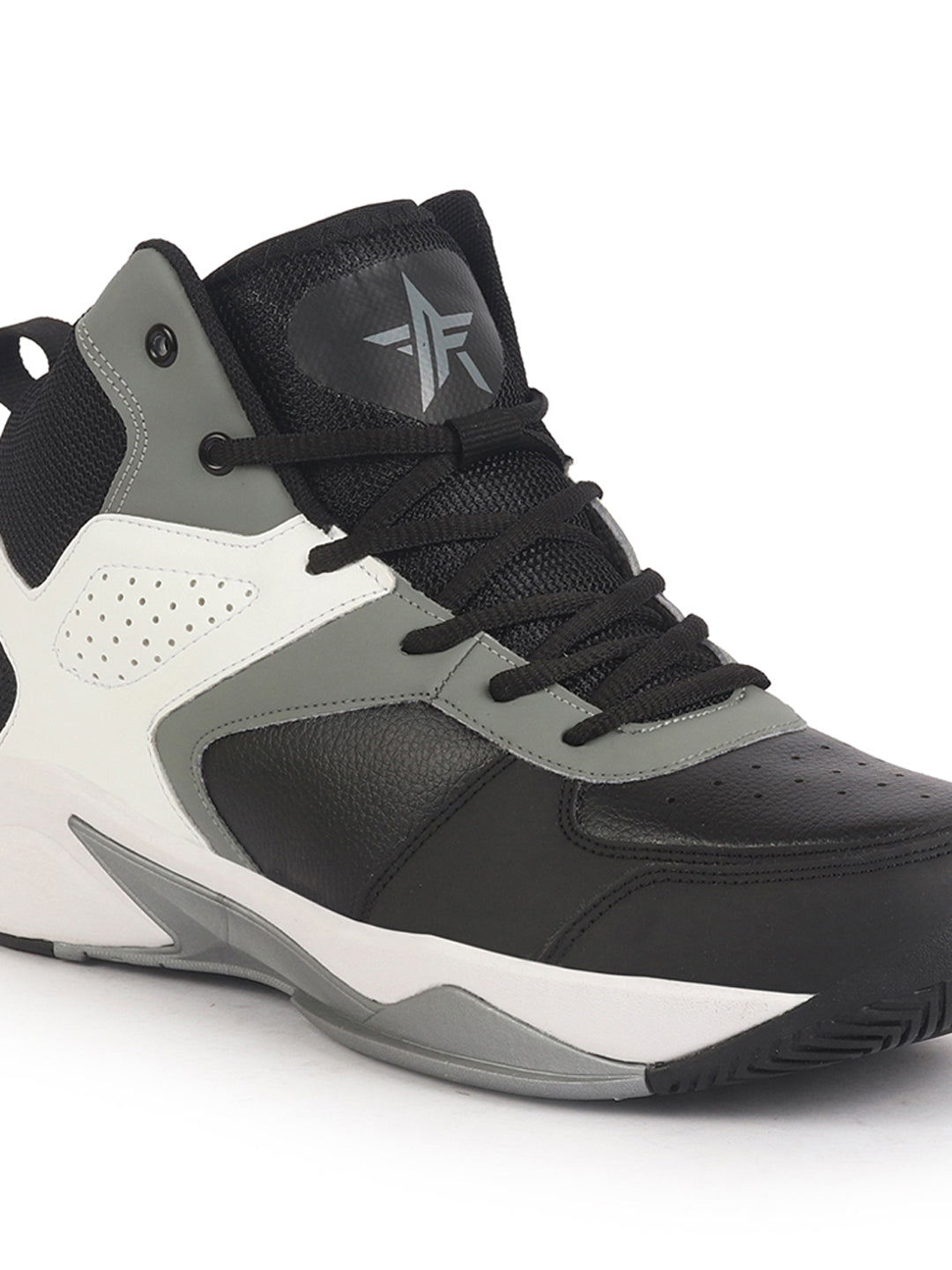 men grey high top colorblocked chunky classic lace up sneakers|breathable basketball shoes with memory cushion|anti skid comfort grip sole