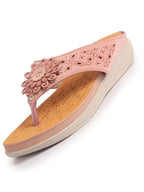 Women Pink Floral Design Orthopedic Cushioned Wedge Thong Slippers| Slip-On Open Toe Comfort Sandals For Casual, Daily Office Work Wear