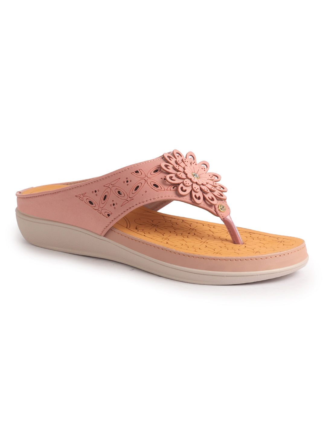 Women Pink Floral Design Orthopedic Cushioned Wedge Thong Slippers| Slip-On Open Toe Comfort Sandals For Casual, Daily Office Work Wear