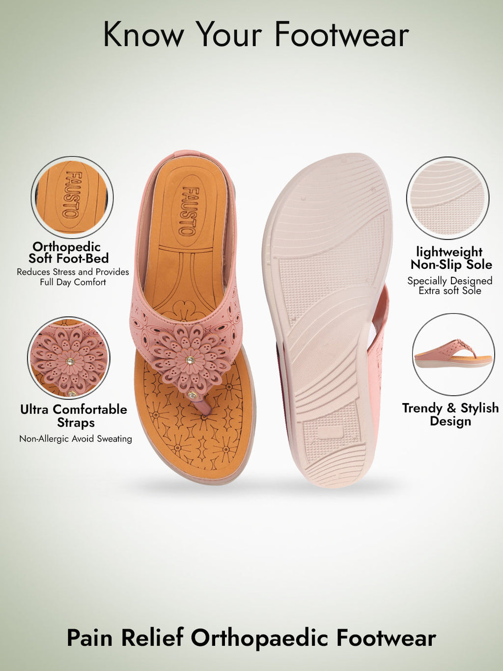 Women Pink Floral Design Orthopedic Cushioned Wedge Thong Slippers| Slip-On Open Toe Comfort Sandals For Casual, Daily Office Work Wear