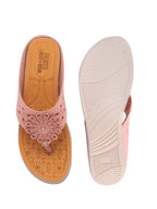 Women Pink Floral Design Orthopedic Cushioned Wedge Thong Slippers| Slip-On Open Toe Comfort Sandals For Casual, Daily Office Work Wear