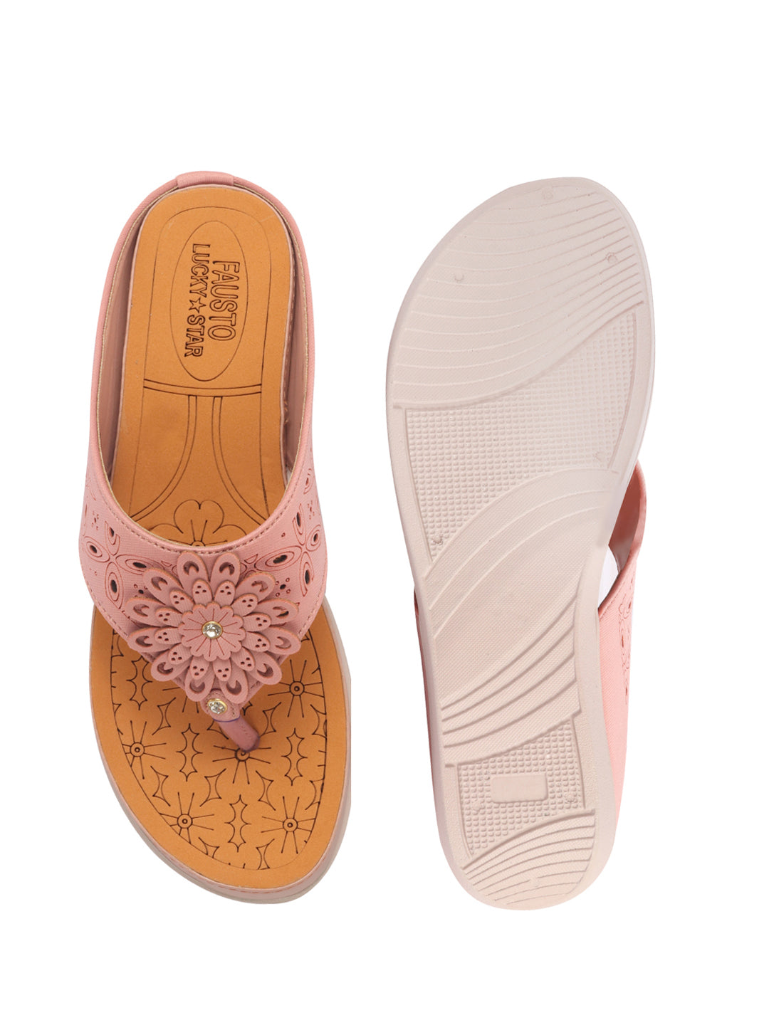 Women Pink Floral Design Orthopedic Cushioned Wedge Thong Slippers| Slip-On Open Toe Comfort Sandals For Casual, Daily Office Work Wear