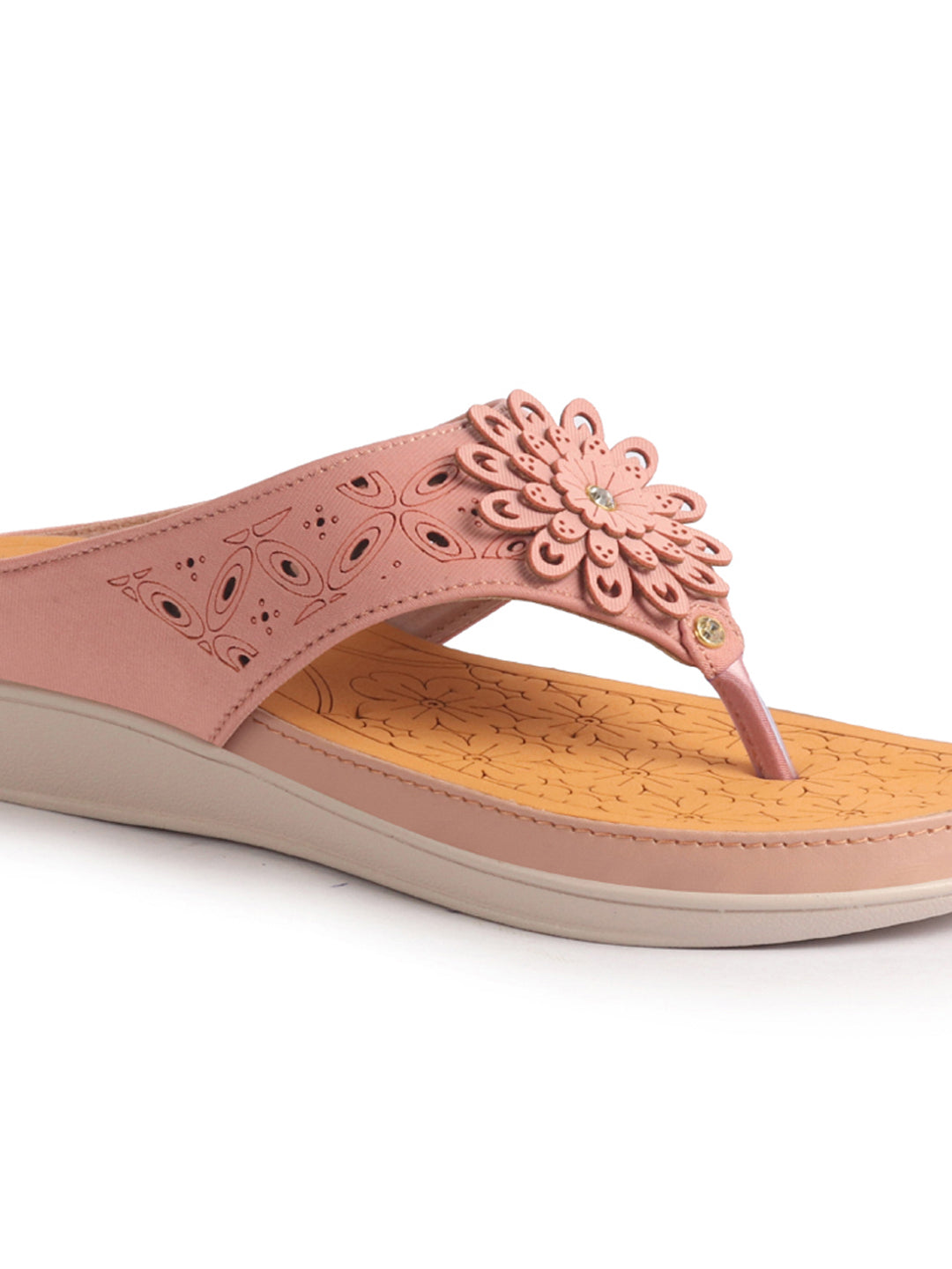 Women Pink Floral Design Orthopedic Cushioned Wedge Thong Slippers| Slip-On Open Toe Comfort Sandals For Casual, Daily Office Work Wear