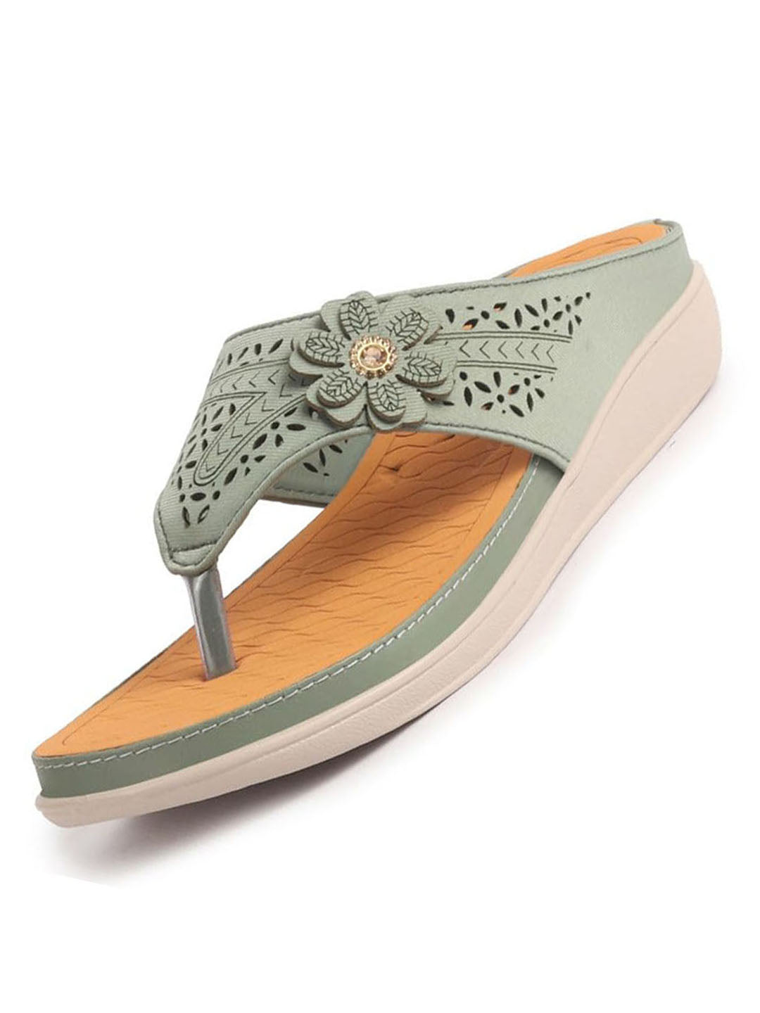 Women Green Lazer Cut Bloom Embellished Orthopedic Slip-On Wedge Sandals | Casual Slippers | Summer Party Flip-Flops With Arch Support For Daily Use