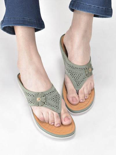 Women Green Lazer Cut Bloom Embellished Orthopedic Slip-On Wedge Sandals | Casual Slippers | Summer Party Flip-Flops With Arch Support For Daily Use