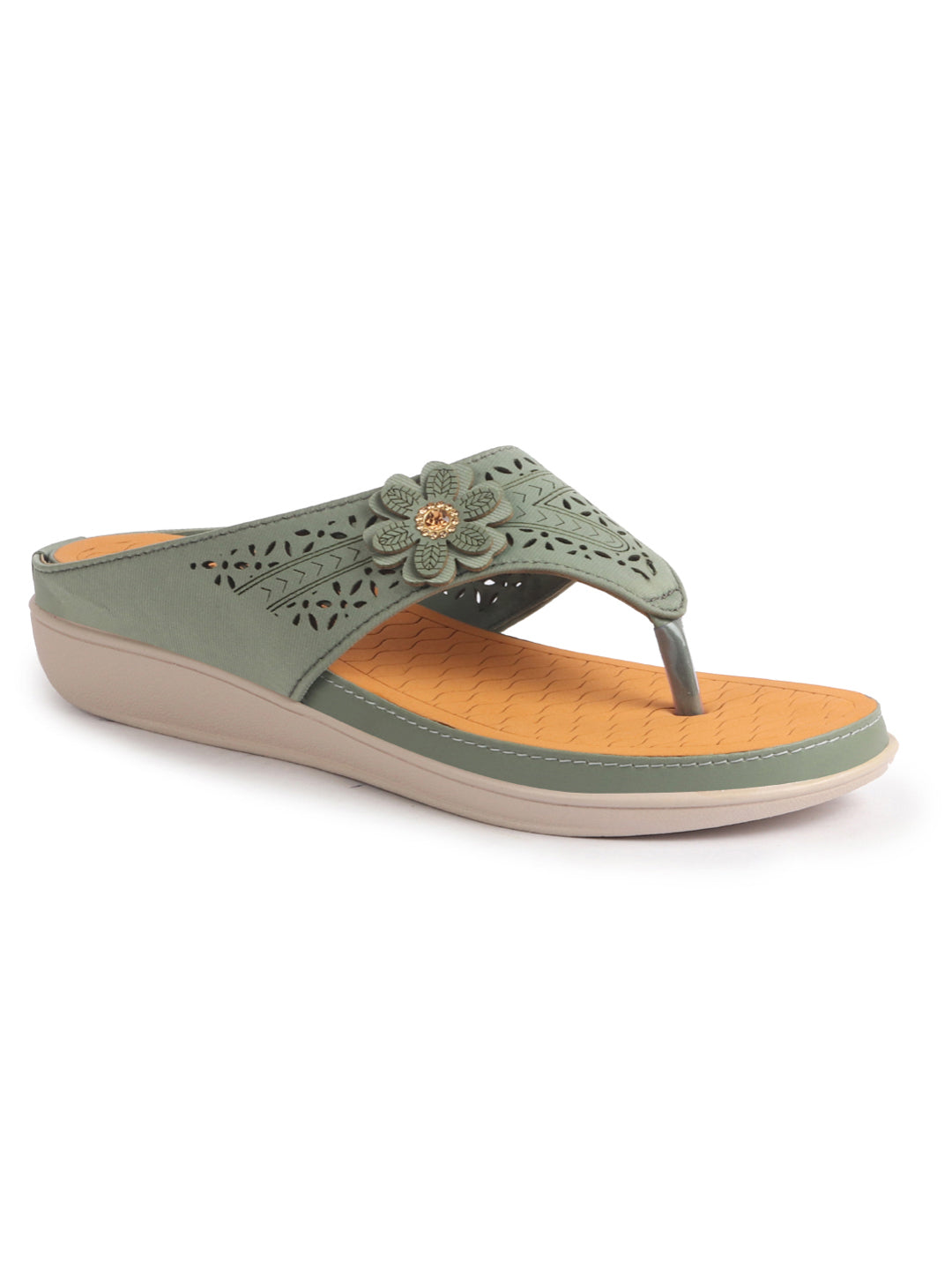 Women Green Lazer Cut Bloom Embellished Orthopedic Slip-On Wedge Sandals | Casual Slippers | Summer Party Flip-Flops With Arch Support For Daily Use