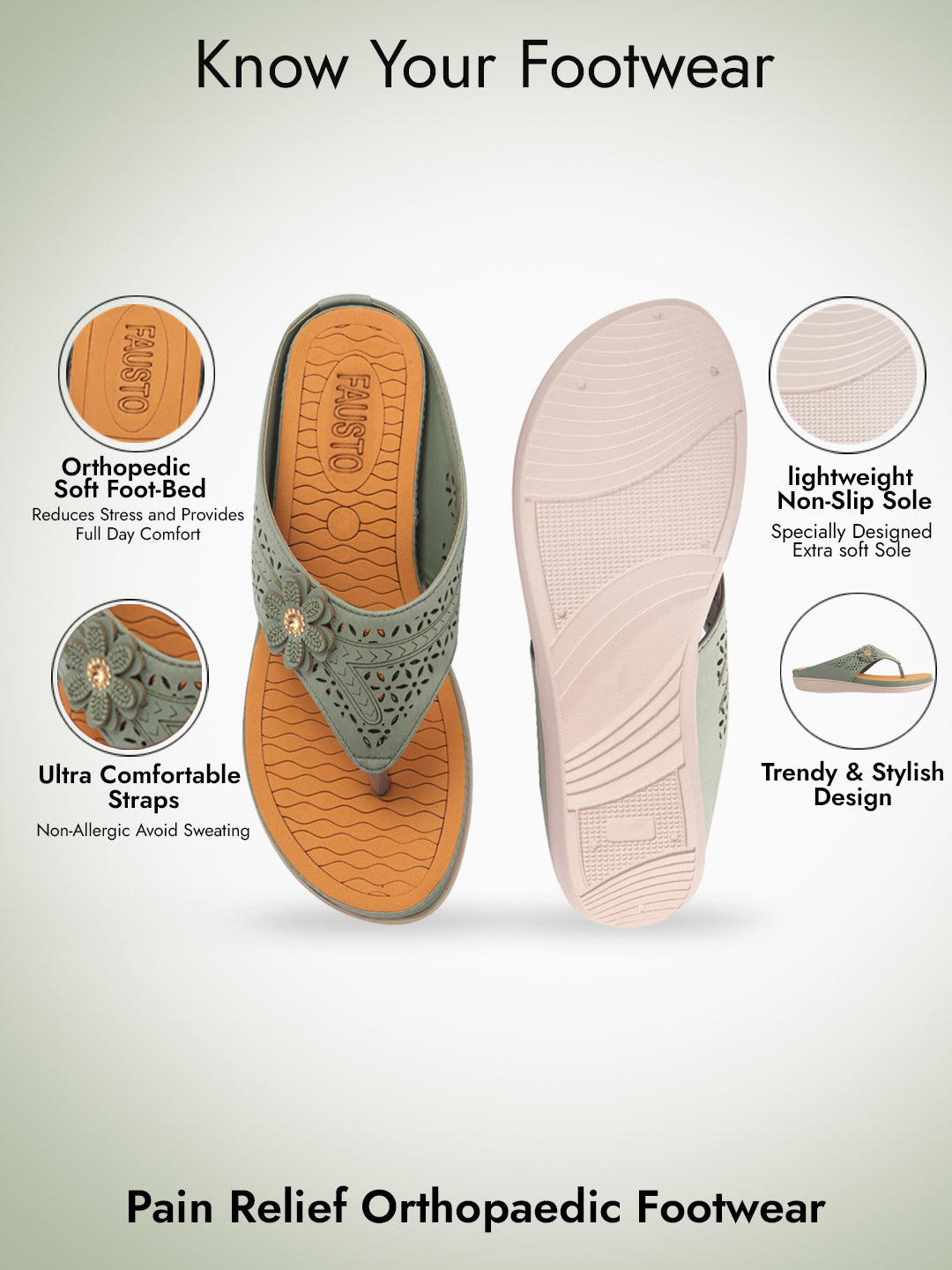 Women Green Lazer Cut Bloom Embellished Orthopedic Slip-On Wedge Sandals | Casual Slippers | Summer Party Flip-Flops With Arch Support For Daily Use