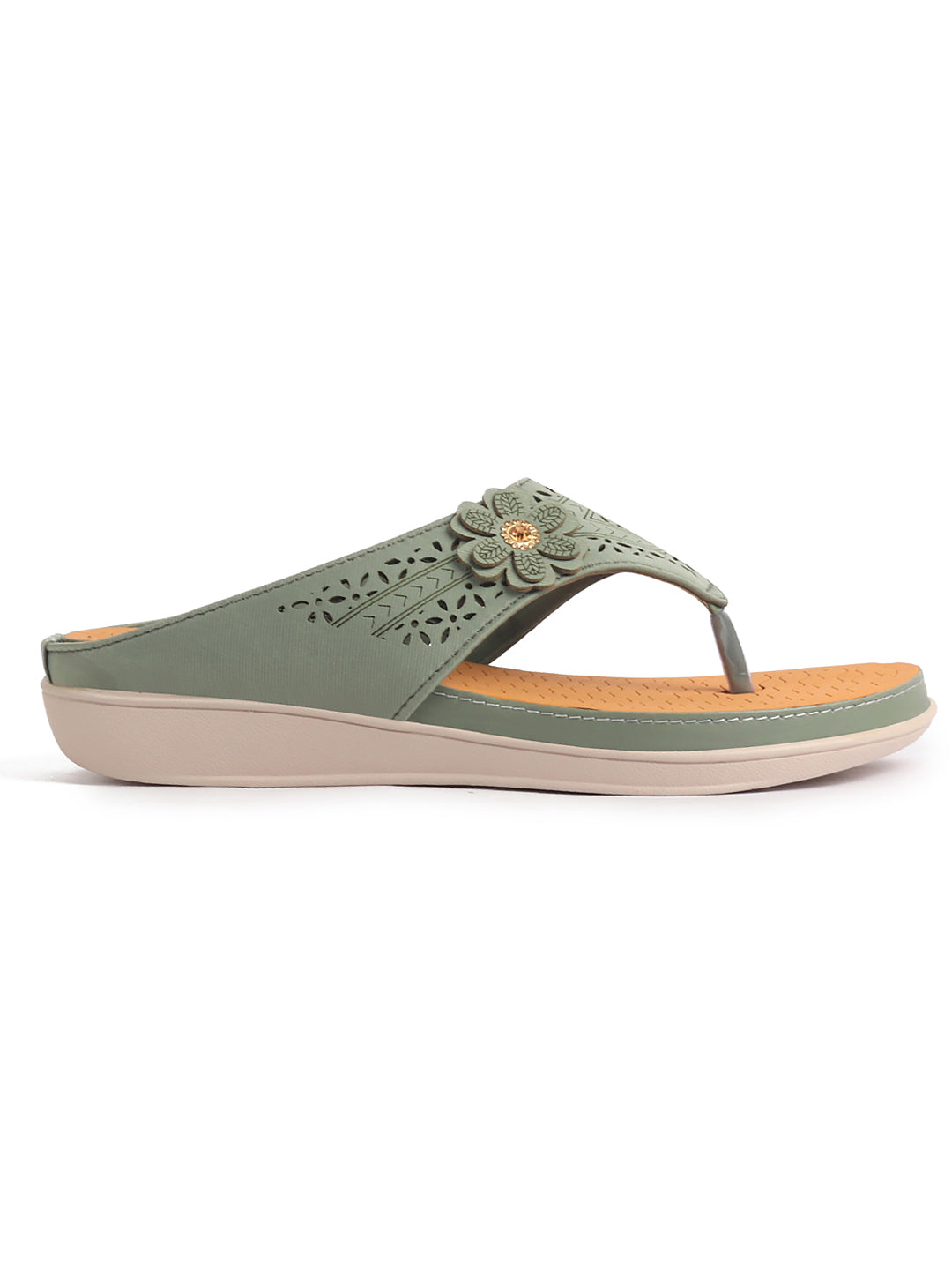 Women Green Lazer Cut Bloom Embellished Orthopedic Slip-On Wedge Sandals | Casual Slippers | Summer Party Flip-Flops With Arch Support For Daily Use