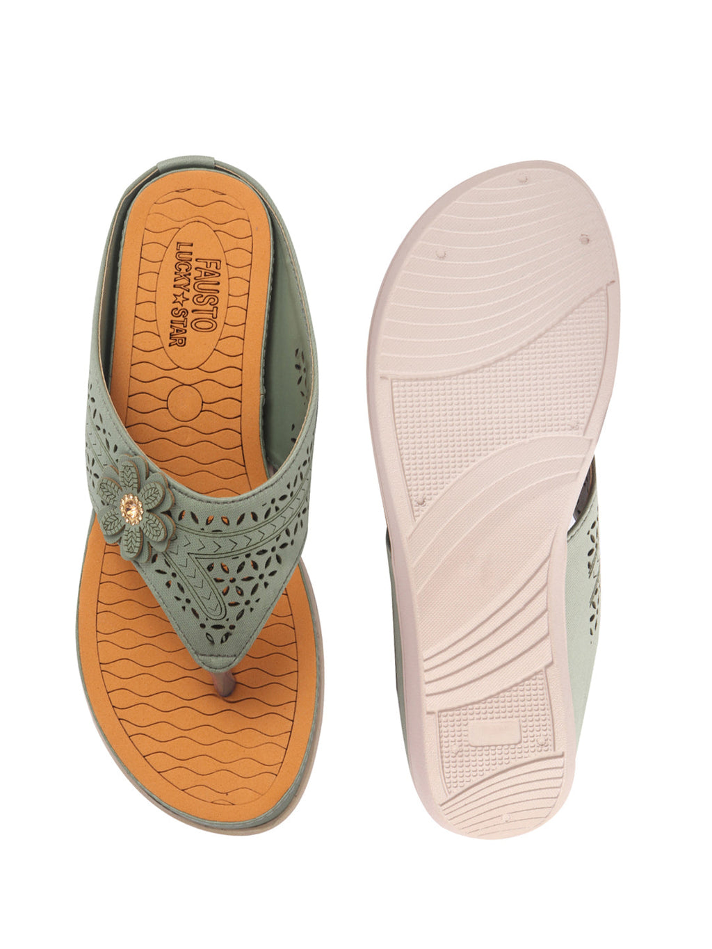 Women Green Lazer Cut Bloom Embellished Orthopedic Slip-On Wedge Sandals | Casual Slippers | Summer Party Flip-Flops With Arch Support For Daily Use