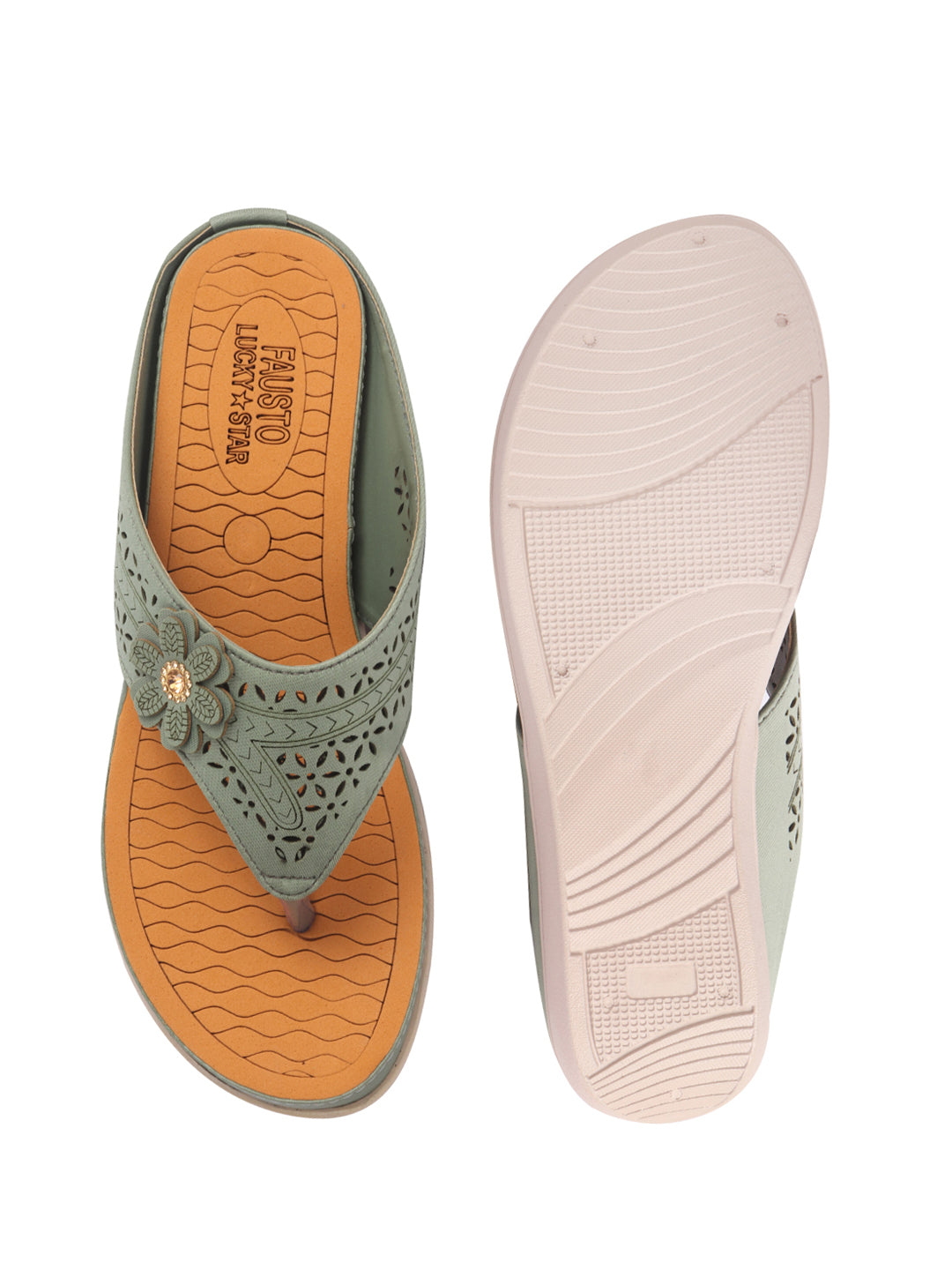 Women Green Lazer Cut Bloom Embellished Orthopedic Slip-On Wedge Sandals | Casual Slippers | Summer Party Flip-Flops With Arch Support For Daily Use