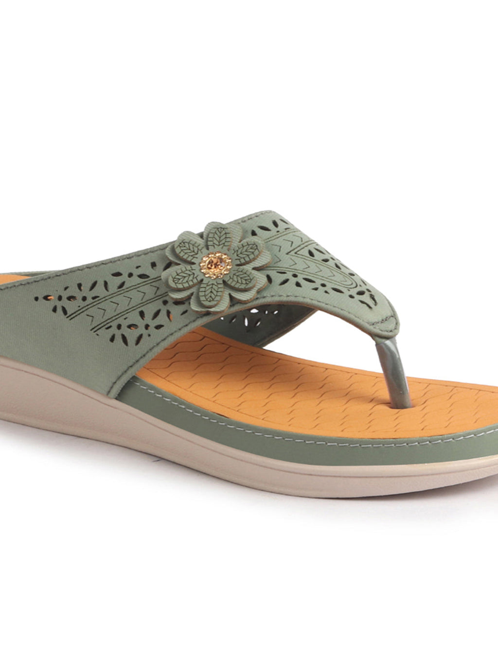 Women Green Lazer Cut Bloom Embellished Orthopedic Slip-On Wedge Sandals | Casual Slippers | Summer Party Flip-Flops With Arch Support For Daily Use