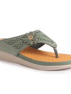 Women Green Lazer Cut Bloom Embellished Orthopedic Slip-On Wedge Sandals | Casual Slippers | Summer Party Flip-Flops With Arch Support For Daily Use