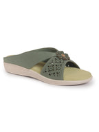 Women Green Elegant Floral Cut-Out Slip-On Wedge Sandals | Comfort Arch Support Summer Slides For Daily Use | Casual & Party Wear Orthopedic Slippers