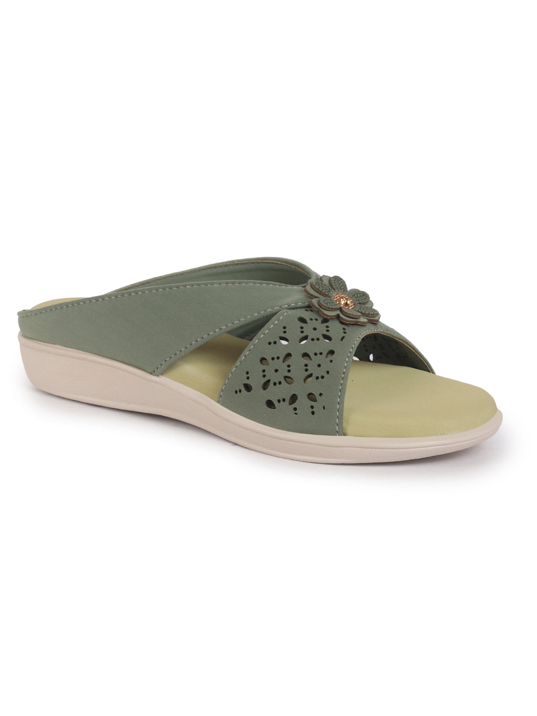 Women Green Elegant Floral Cut-Out Slip-On Wedge Sandals | Comfort Arch Support Summer Slides For Daily Use | Casual & Party Wear Orthopedic Slippers