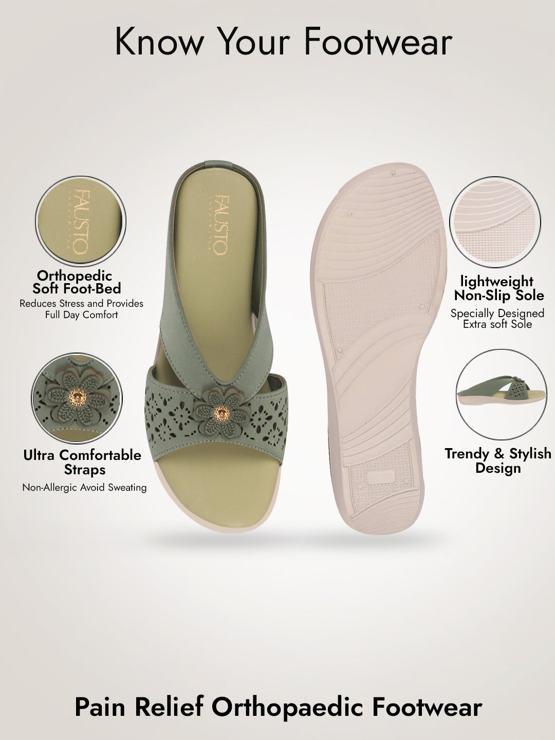 Women Green Elegant Floral Cut-Out Slip-On Wedge Sandals | Comfort Arch Support Summer Slides For Daily Use | Casual & Party Wear Orthopedic Slippers
