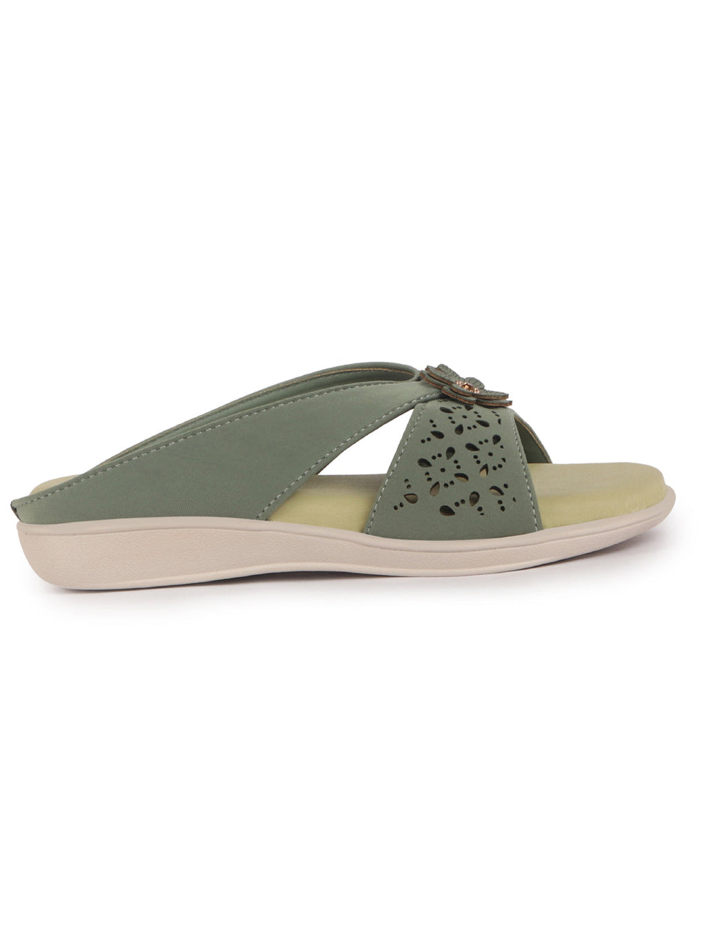 Women Green Elegant Floral Cut-Out Slip-On Wedge Sandals | Comfort Arch Support Summer Slides For Daily Use | Casual & Party Wear Orthopedic Slippers