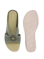 Women Green Elegant Floral Cut-Out Slip-On Wedge Sandals | Comfort Arch Support Summer Slides For Daily Use | Casual & Party Wear Orthopedic Slippers