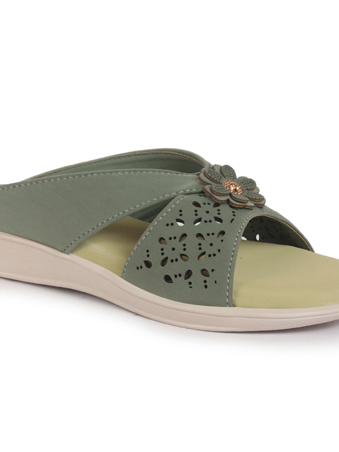 Women Green Elegant Floral Cut-Out Slip-On Wedge Sandals | Comfort Arch Support Summer Slides For Daily Use | Casual & Party Wear Orthopedic Slippers